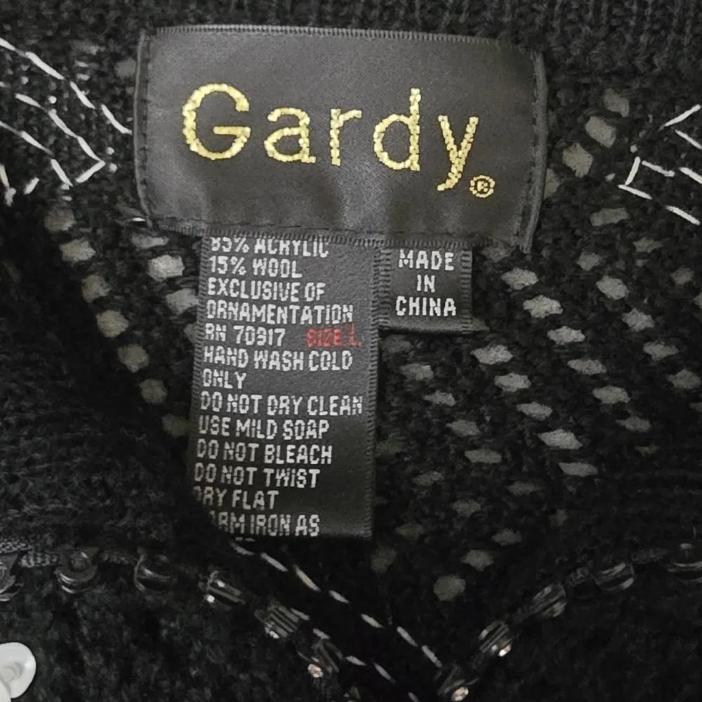 Women's Gardy Cardigan Knit Sweater Black Knit White Sequins Rhinestone Zipper L - Picture 4 of 13